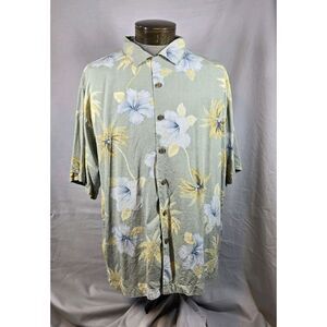 Tommy Bahama Silk Hawaiian Shirt Mens XL Sage Green Floral Print Tropical Beach‎
